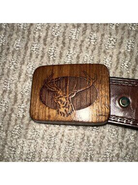 Vintage Belt Buckle Wood Deer Buck 1970s Lasercraft w/ KingLeather Belt 33-36”